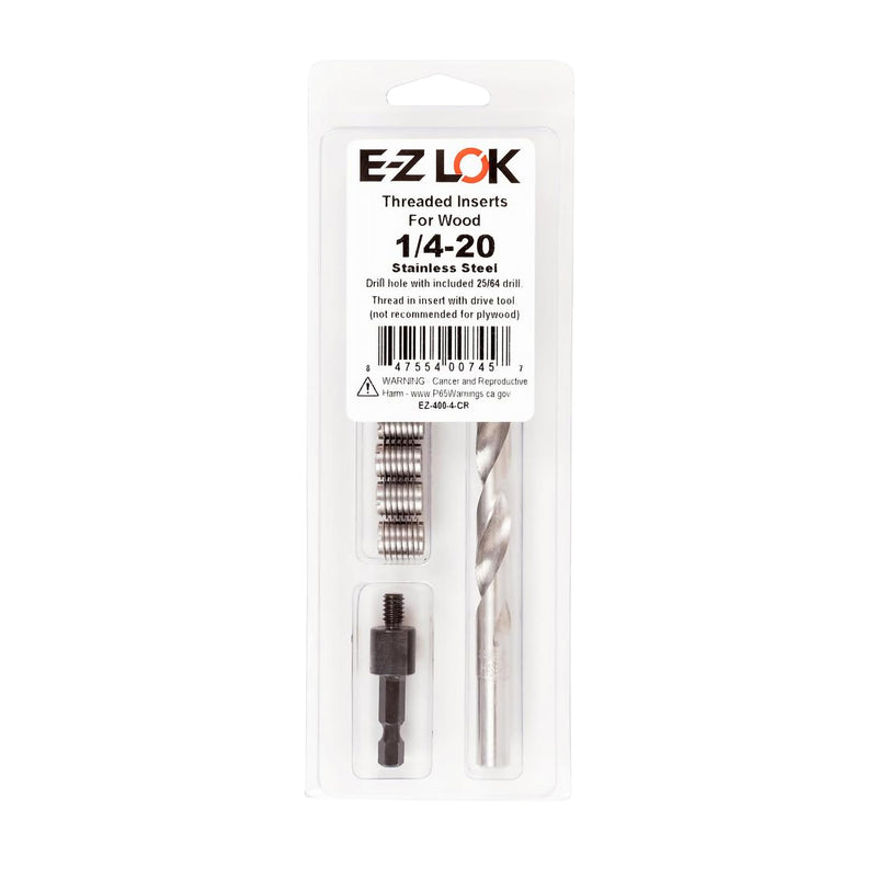 E-Z LOK 400-4-CR Thread Installation Kit for Hard Wood Stainless Steel Threaded Inserts 1/4-20 (6), Drill, Installation Tool