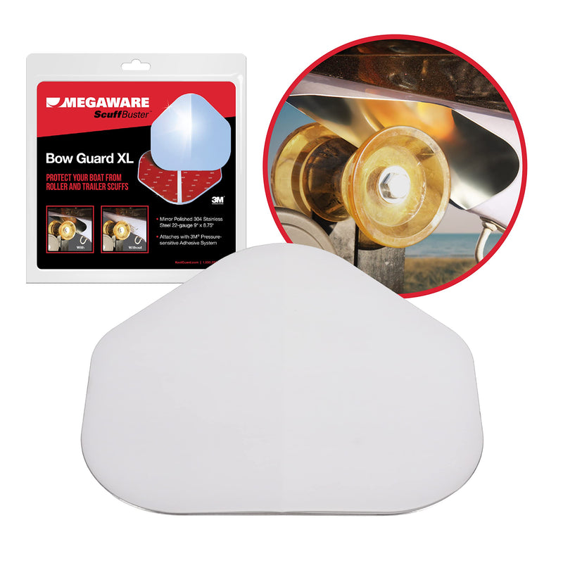 MEGAWARE KEELGUARD XL ScuffBuster BowGuard, Solid No-Notch, 9" x 8.75" | Prevent Trailer Bow Roller Damage by Stern Eye Bolt, 3M Adhesive, Stainless Steel Mirror Polished Finish, Easily Bends, Solid