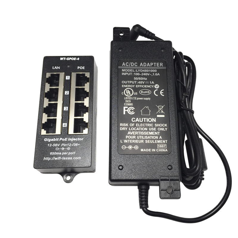 PoE Texas 4 Port PoE Injector - Gigabit Passive Power Over Ethernet with 48V 48W UL Power Supply - 802.3af PoE Injector for VoiP Phones, WiFi Access Points, IP Cameras - Add PoE to Any Switch