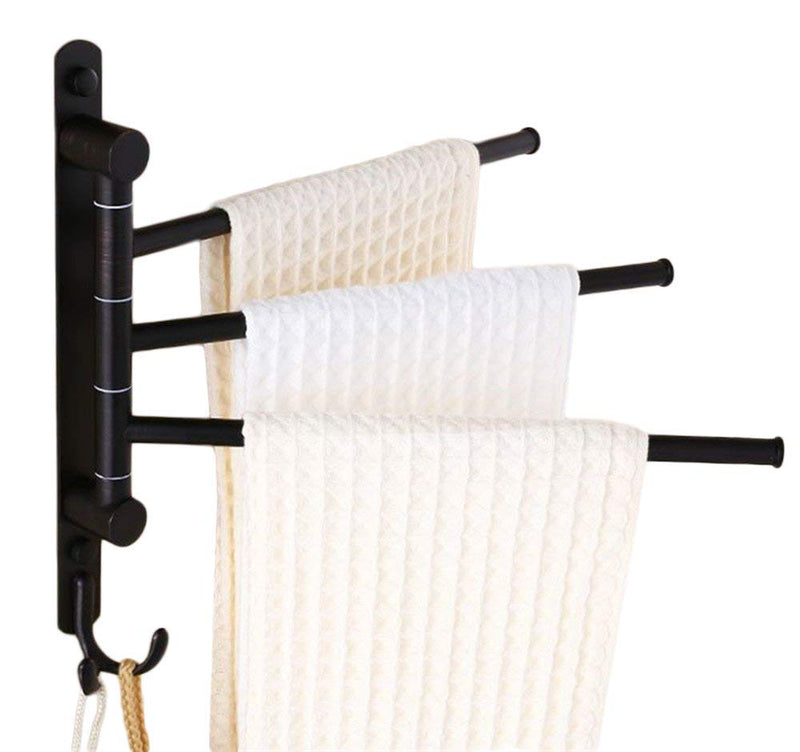 ELLO&ALLO Oil Rubbed Bronze Swing Out Towel Racks for Bathroom Holder Wall Mounted Towel Bars with Hooks 3-Arm Round Bar