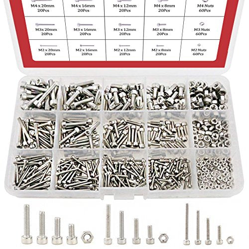 Hilitchi 420pcs M2 3 4 304 Stainless Steel Hex Socket Head Cap Screws Nuts Assortment Kit with Box (304 Stainless Steel)
