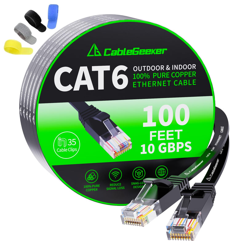 Cat 6 Ethernet Cable 100 ft, Indoor&Outdoor, High Speed 10Gbps Flat Internet Network Cable, Cat6 Ethernet Patch Cable Long, Black Computer LAN Cable with Clips & Straps for Router, Modem, PS4/5 100ft