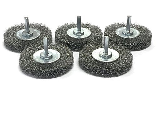 Benchmark Abrasives 2.5 Inch Grinder Mounted Crimped Wire Wheel for Drill with 1/4" Shank, Steel Brush for Rust Removal, Cleaning, Deburring on Cast Iron, Steel Rotary Tools (5 Pack) - Carbon Steel