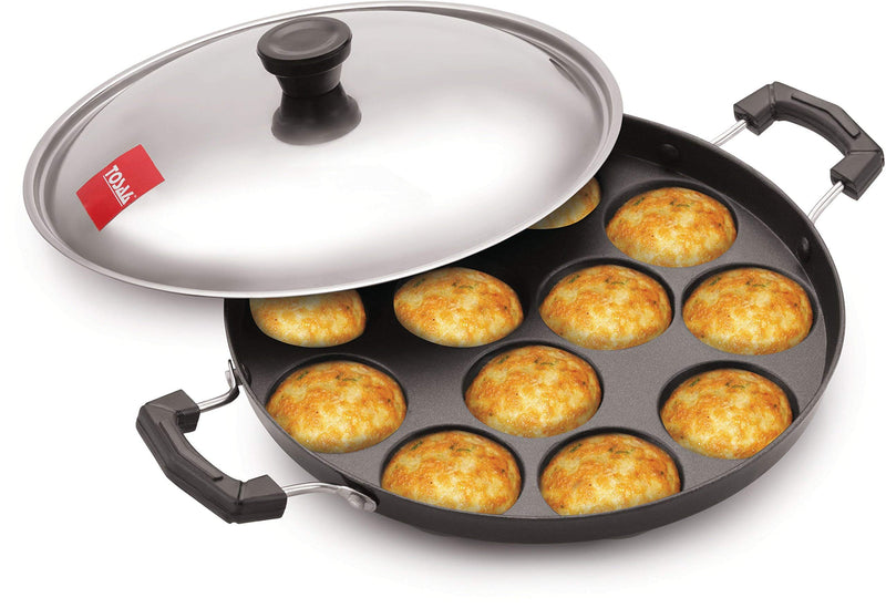 TOSAA 12 Cavity Appam Patra Side Handle with Lid, 23 cm, Black