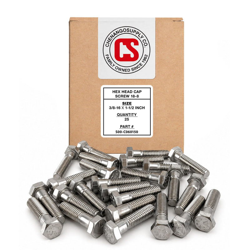 Chenango Supply 3/8-16 x 1-1/2" Stainless Steel Hex Head Bolts – 304 Stainless, USS Coarse Thread, 100,000–125,000 PSI Tensile Strength, Corrosion-Resistant Hardware Bolts, (25 Pieces, 3/8-16 x 1.5) 3/8-16 X 1-1/2"