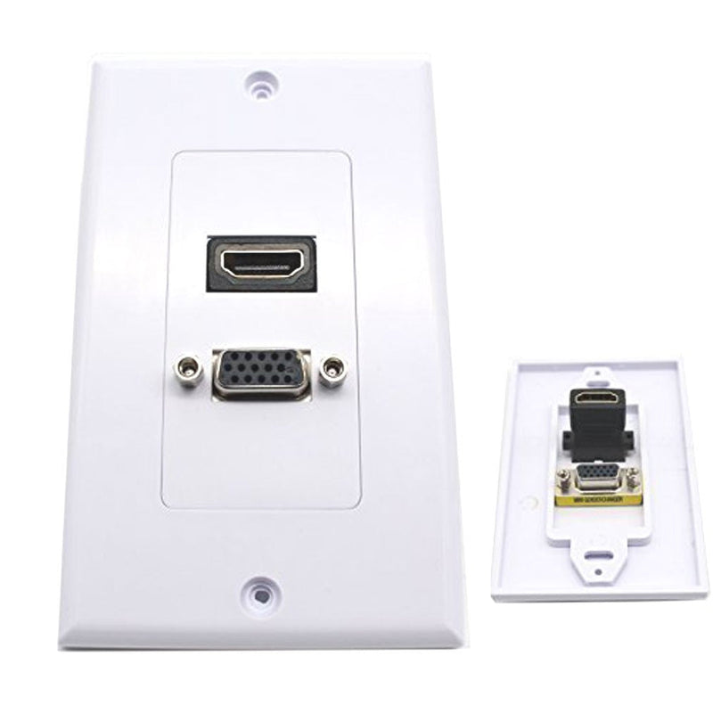 Poyiccot VGA Wall Plates, 1 Port HDMI Female + 1 Port VGA 15P Female AV Wall Outlet Video Socket Face Connector Plate White ABS (1HDMI+1VGA)