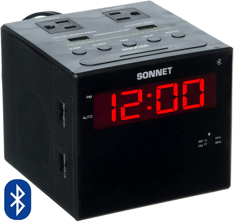 Sonnet Alarm Clock Charging Station, Bluetooth Speaker, AM FM Radio, Dual USB Charging Ports, Dual AC Outlets, Very Loud Alarm Clock for Heavy Sleepers and The Hearing Impaired for Desk, Bedroom R1415BT-BLUETOOTH