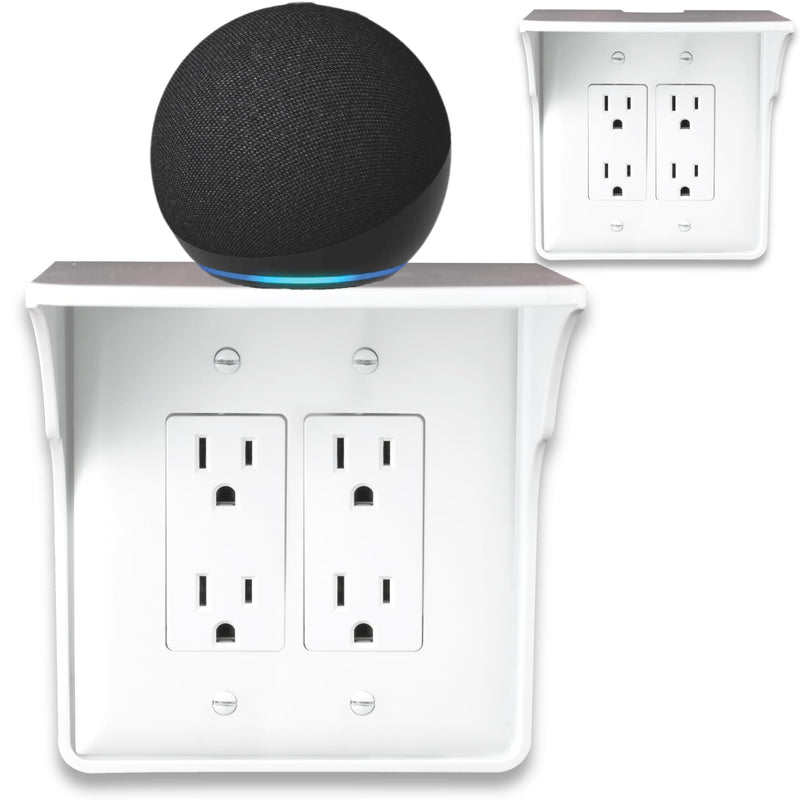 Power Perch Double Outlet Shelf Organizer for Alexa Echo Dot, HomePod Mini, Phone - Wall Outlet Holder with Cord Storage Strap - Socket Shelf Bathroom Kitchen Counter Charging Station - White 2 Pack Double Outlet 2 Pack