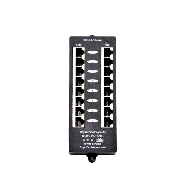 PoE Texas 8 Port PoE Injector - Gigabit Passive Power Over Ethernet Midspan - Front Wall Mount for Security Cameras, IP Phones, WiFi APs - Works with Non-PoE Switch, Includes 48v 60w Power Supply GPOE-8A-48v60w