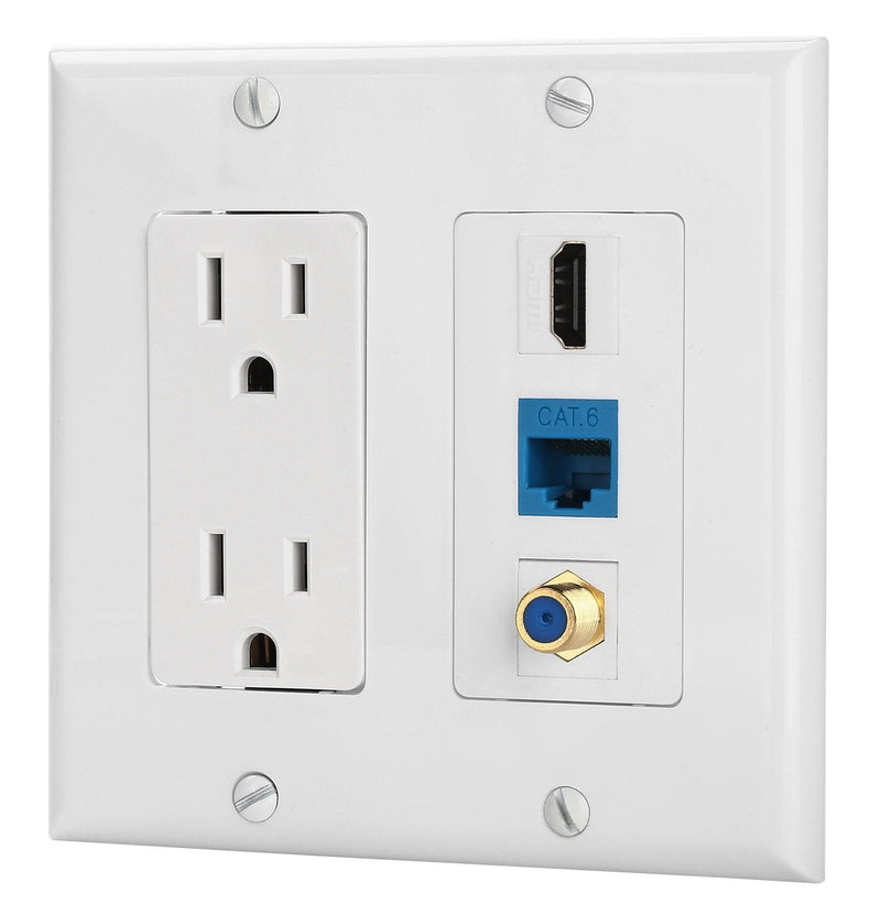 IBL-15A Power Outlet, 1 Port HDMI, 1 Cat6 Ethernet, 1 Coax Cable TV Wall Plate in White PO+Coax+Cat6+HDMI