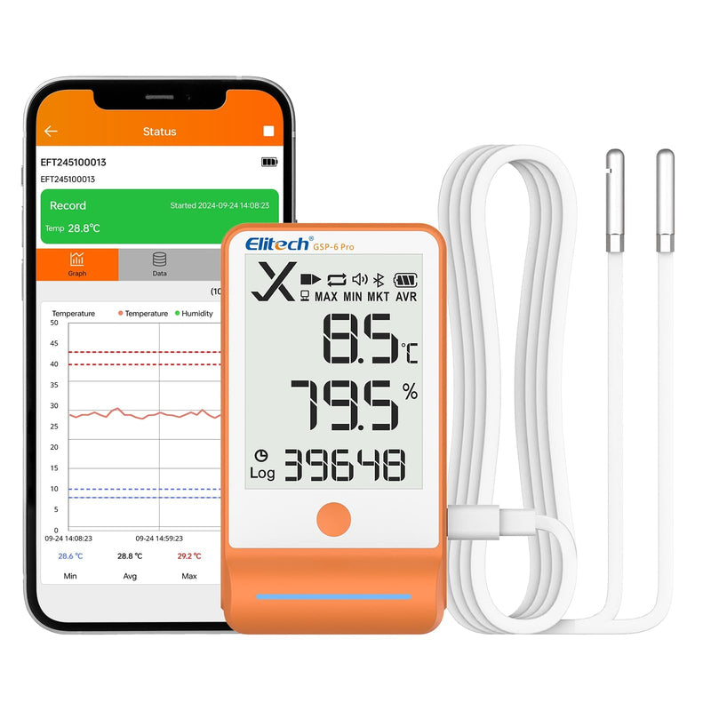 Elitech GSP-6 Pro-TE+THE Temperature Data Logger, Temperature and Humidity Data Logger, Large Storage Capacity, External Sensor, Alarm Function, Free Data Export Software Temperature logger GSP6 Pro latest