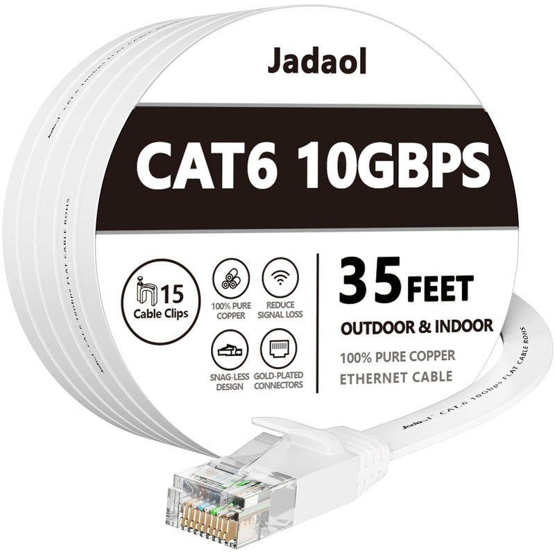 Cat 6 Ethernet Cable 35 ft, Outdoor&Indoor 10Gbps Support Cat8 Cat7 Network, Flat Internet RJ45 LAN Patch Cords, Cat6 Fast Speed Computer Wire with Clips for Router, Modem, PS4/5, Xbox, Gaming, White 35ft