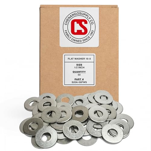 Chenango Supply 1/2 Stainless Steel Flat Washers – 304 Stainless, USS Standard, 100,000–125,000 PSI Tensile Strength, Corrosion-Resistant Hardware Washers, 50 Pieces (1/2 Flat Washer)