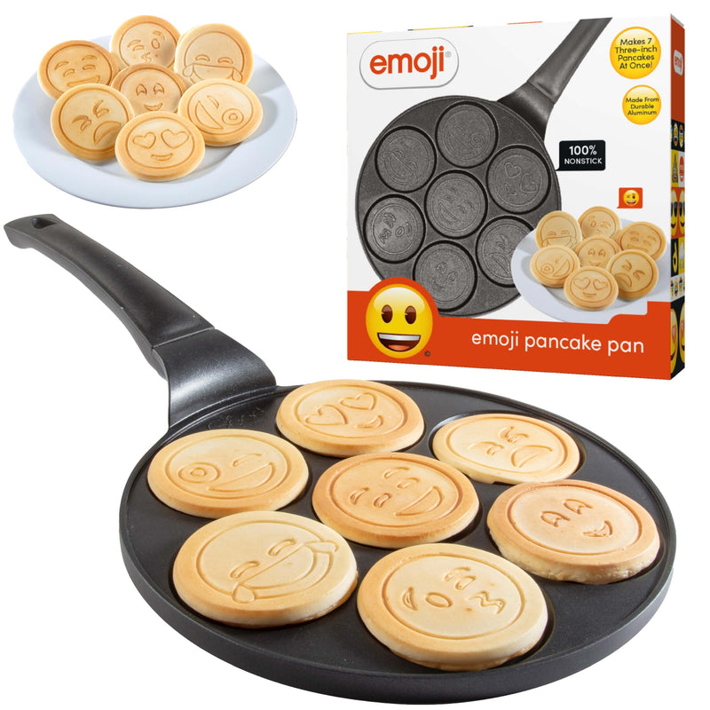 Official Emoji License Large Pancake Pan & Nonstick Griddle, 7 Mini Smiley Face Shapes, Heavy Duty Stovetop Skillet, Fun Pancake Maker for Kids Summer Breakfast, Sleepovers, Parties & Family Brunch