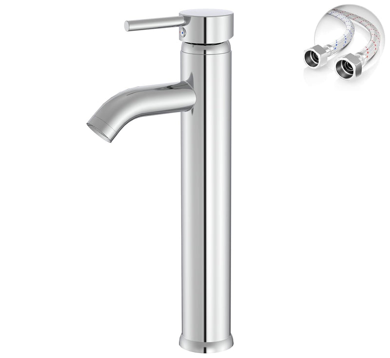 Chrome Bathroom Faucet, Greenspring Vessel Sink Faucet One Hole Single Handle Sink Faucets Modern Commercial Lavatory Vanity Bowl Faucets with Supply Line, Brass, Tall Body Chrome High-No Drain Set