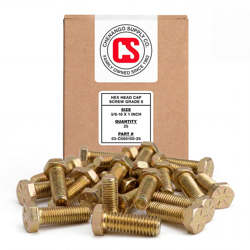 Chenango Supply 3/8-16 x 1 Grade 8 Hex Head Bolts – Alloy Steel, Yellow Chromate Zinc, 150,000 PSI Tensile Strength, High-Strength Hex Head Cap Screws, (25 Pieces, 3/8-16 x 1 G8) 3/8-16x1" (25 pcs)