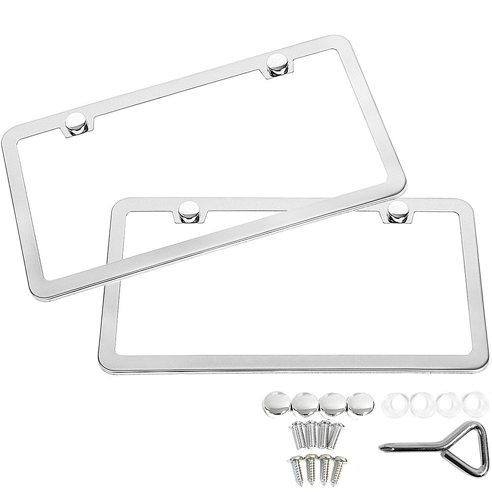 SunplusTrade 2 Stainless Steel Polish Mirror License Plate Frame + Chrome Screw Caps (Silver)