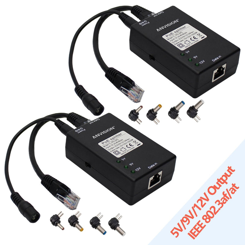 ANVISION 2-Pack Active Gigabit PoE Splitter Adapter with Multi-Size Tips, IEEE 802.3af Compliant, up to 100 Meters (328 Feet), DC 5V/9V/12V Power Output for IP Camera AP Voip Phone and More