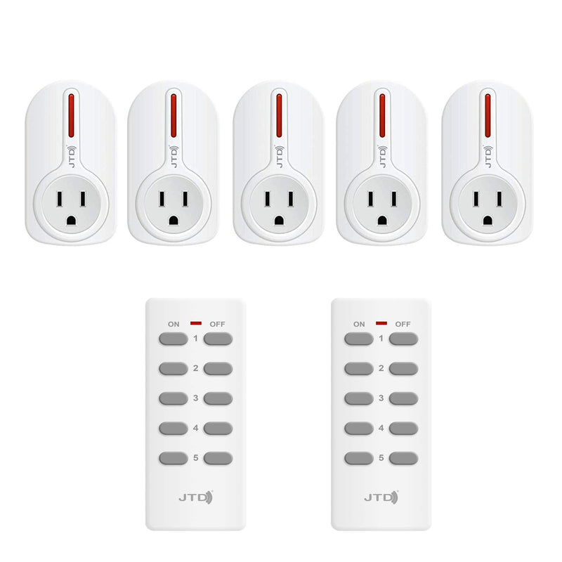 JTD ® 5 Pack Remote Control Outlet Switch 3rd Generation Energy Saving Auto-programmable Wireless Electrical Plug Switch for Household Appliances Lighting & Electrical Equipment (2 Remotes)