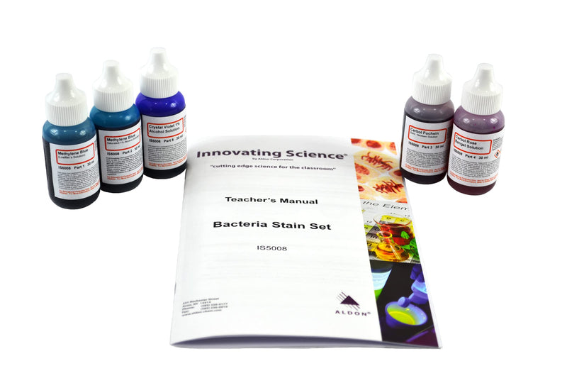 ALDON Innovating Science Bacteria Stain Set - 5 Microscope Slide Stains in 30mL Dropper Bottles: Methylene Blue (2), Carbol Fuchsin, Carbol Rose Bengal, Crystal Violate