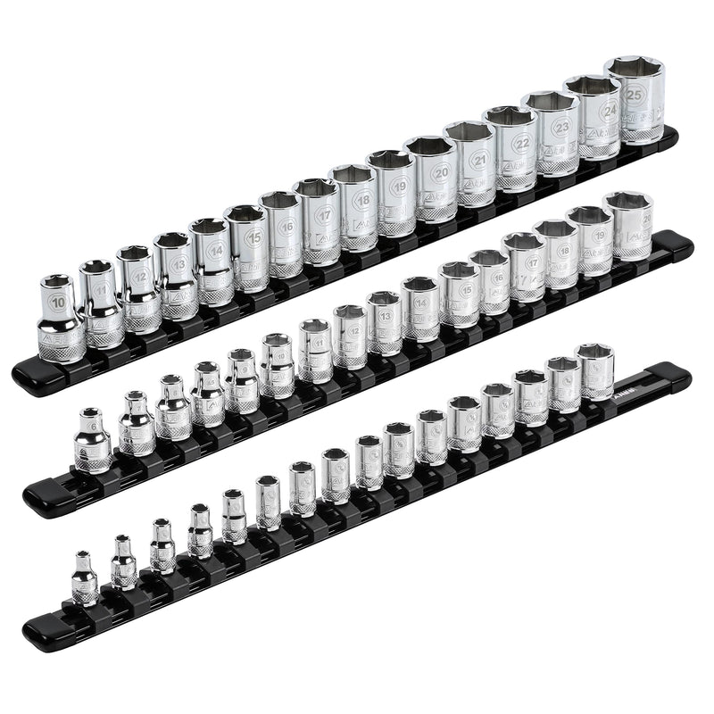 ARES 70087-3-Piece Aluminum Socket Organizer - 1/4-Inch, 3/8-Inch, and 1/2-Inch Drive Rails Hold 48 Sockets and Keep Your Tool Box Organized Multi-Drive Black
