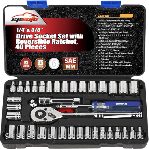 EPAuto 40 Pieces 1/4-Inch & 3/8-Inch Drive Socket Set, 72 Tooth Ratchet Compact 40 Pcs