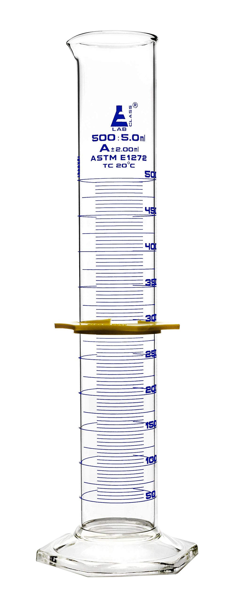 Graduated Cylinder, 500mL - ASTM, Class A Tolerance ±2.00mL - Protective Collar, Hexagonal Base - Blue Graduations - Borosilicate 3.3 Glass - Eisco Labs