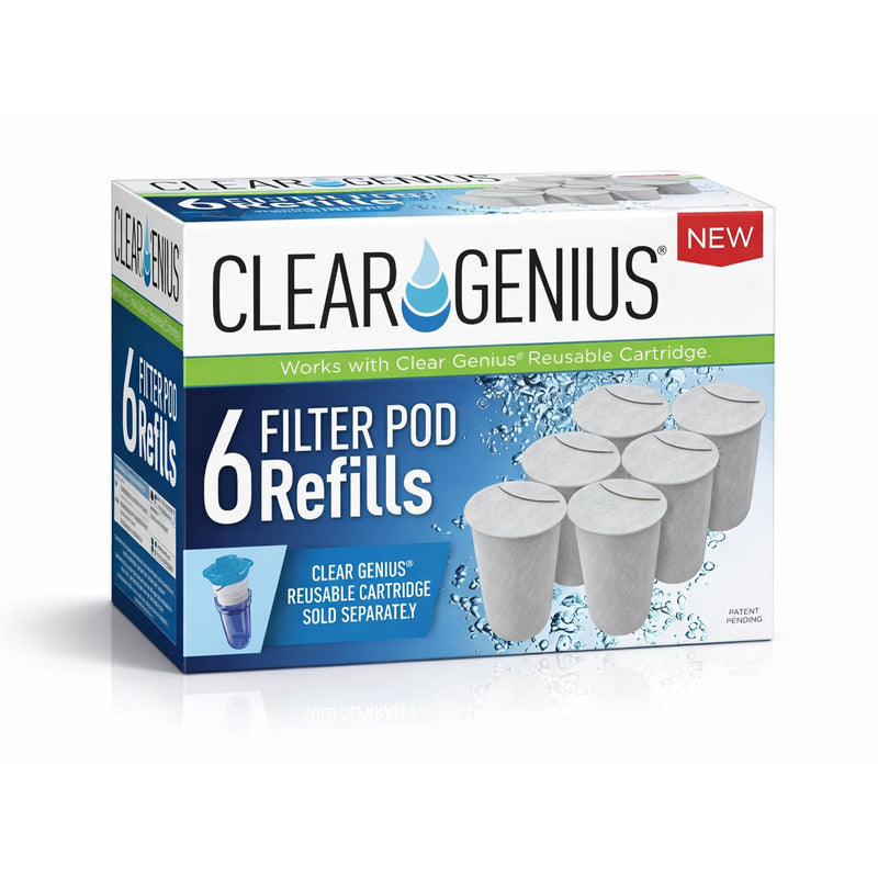 Replacement Water Filter Pods for Clear Genius Reusable Cartridges, BPA-Free, Compatible with Brita & PUR Water Pitchers, Filters 40 Gallons Each, 6-Pack Pack of 6
