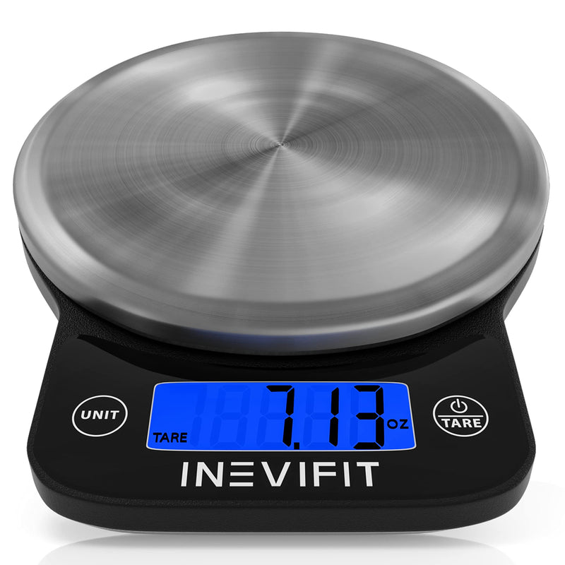 INEVIFIT Digital Kitchen Scale, Highly Accurate Multifunction Food Scale 13 lbs 6kgs Max, Clean Modern Black with Premium Stainless Steel Finish. Includes Batteries Black and Stainless Steel
