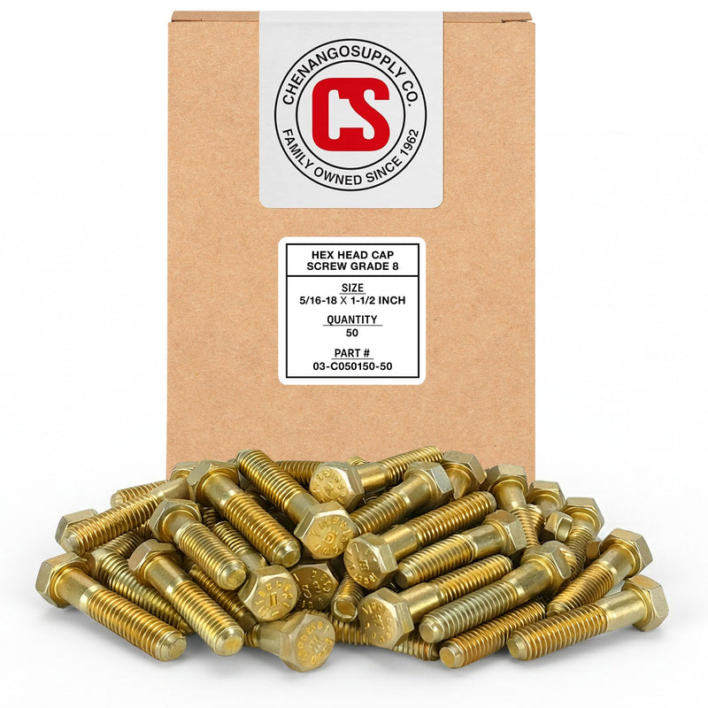 Chenango Supply 5/16-18 x 1-1/2" Grade 8 Hex Head Bolts – Alloy Steel, Yellow Chromate Zinc, USS Coarse Thread, 150,000 PSI Tensile Strength, High-Strength Hardware Bolts (50 Pack, 5/16-18 x 1.5 G8) 5/16-18x1-1/2 (50pcs)