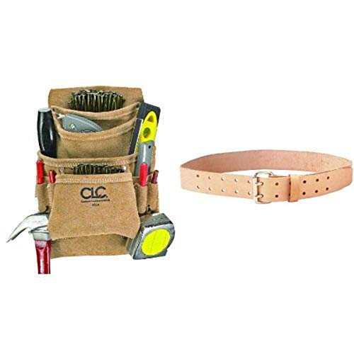 Custom Leathercraft I923X Suede Carpenter's Nail and Tool Bag, 10 Pocket and CLC 9841 Leather Work Belt, 2-Inch Wide