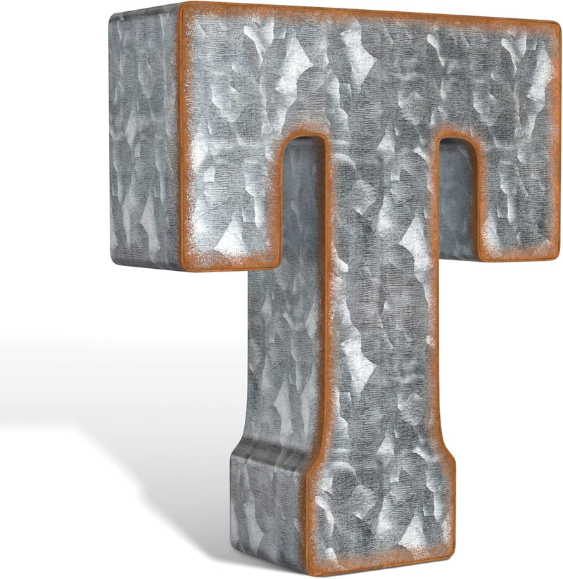 CraftyCrocodile 7" Galvanized Metal 3D Wall Letter T Block - Metal Monogram Decor - Hanging or Freestanding - Industrial, Distressed, Rustic Style Sign for Home, Living Room