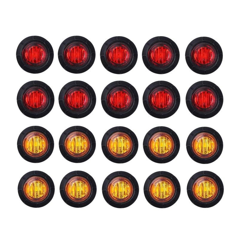 TMH 3/4 Inch Mount 10 pcs Amber + 10 pcs Red LED Clearance Bullet Side LED Marker Lights for Trailer Truck RV Car Bus Van (Pack of 20) Yellow/Red