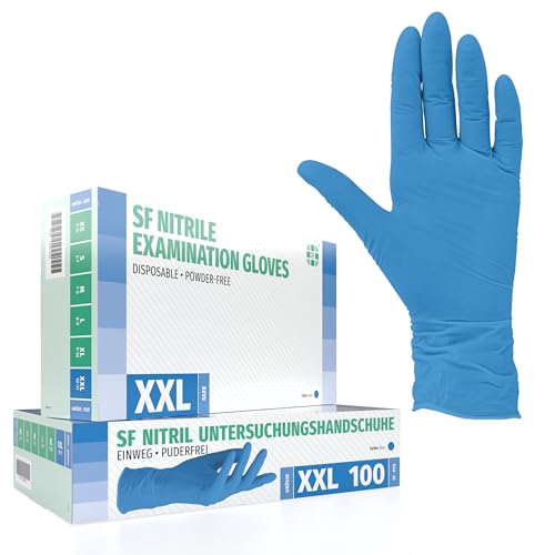 SF Nitrile Disposable Gloves XXL Blue, 90 Pieces/Box, Nitrile Gloves, Stretchy Disposable Nitrile Gloves, Powder-Free, Latex-Free, Tear-Resistant, Rubber Gloves | Puderfreie Einmalhandschuhe für Tattoo, Werkstatt, Küche, Reinigung und Haushalt; vielsei...