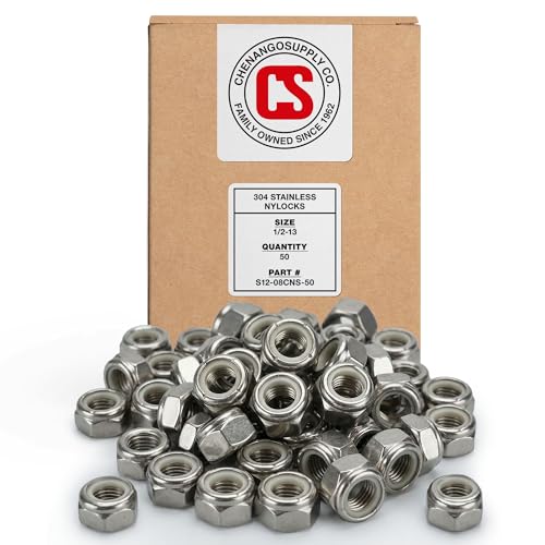 Chenango Supply 1/2-13 Stainless Steel Nylon Insert Lock Nuts – 304 Stainless, USS Coarse Thread, 100,000–125,000 PSI Tensile Strength, Corrosion-Resistant Nylock Nuts, 50 Pieces (1/2-13 Nylock)