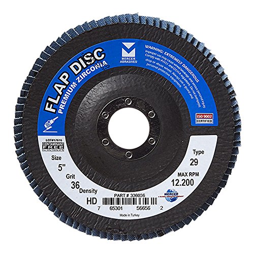 Mercer Industries 336036 Zirconia Flap Disc, High Density, Type 29, 5" x 7/8", Grit 36, 10 Pack