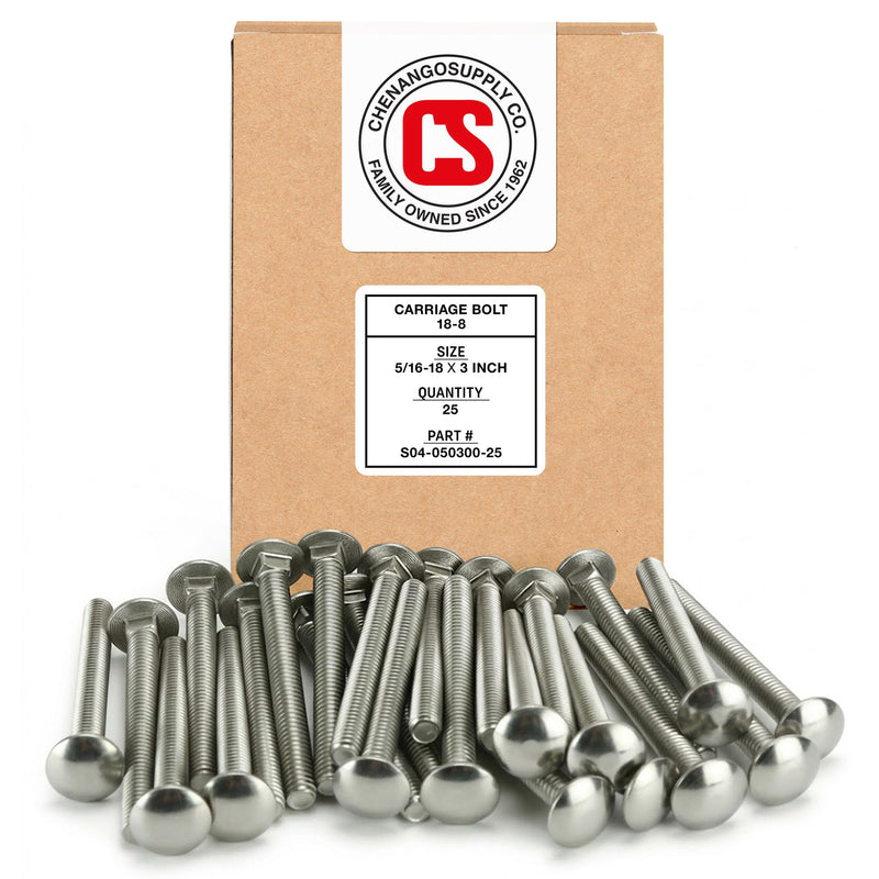 Chenango Supply 5/16-18 x 3" Stainless Steel Carriage Bolts – 304 Stainless, USS Coarse Thread, 100,000–125,000 PSI Tensile Strength, Corrosion-Resistant Hardware Bolts, (25 Pieces, 5/16-18 x 3) 5/16-18x3