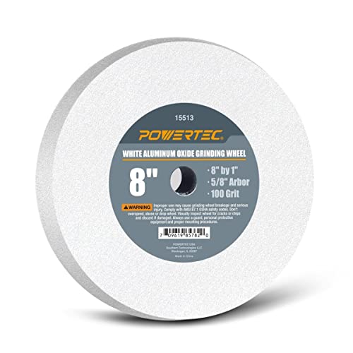 POWERTEC Bench Grinder Wheel 8 Inch 100 Grit, White Aluminum Oxide Grinding Wheel for Bench Pedestal Grinder, 1" Thick 5/8" Arbor, Sharpening & Shaping Drill Bits, Blade, and Chisel 1PK (15513) 100 Grit, 1PK 8" Grinding Wheels