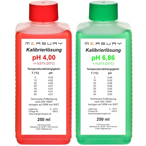 Measury pH Calibration Solution 4.00 + 6.86 Buffer Solution 250 ml Calibration Solution Each | Calibration fluid set made in Germany, calibration fluid, compatible with pH measuring devices of all brands pH 4.00 + 6.86