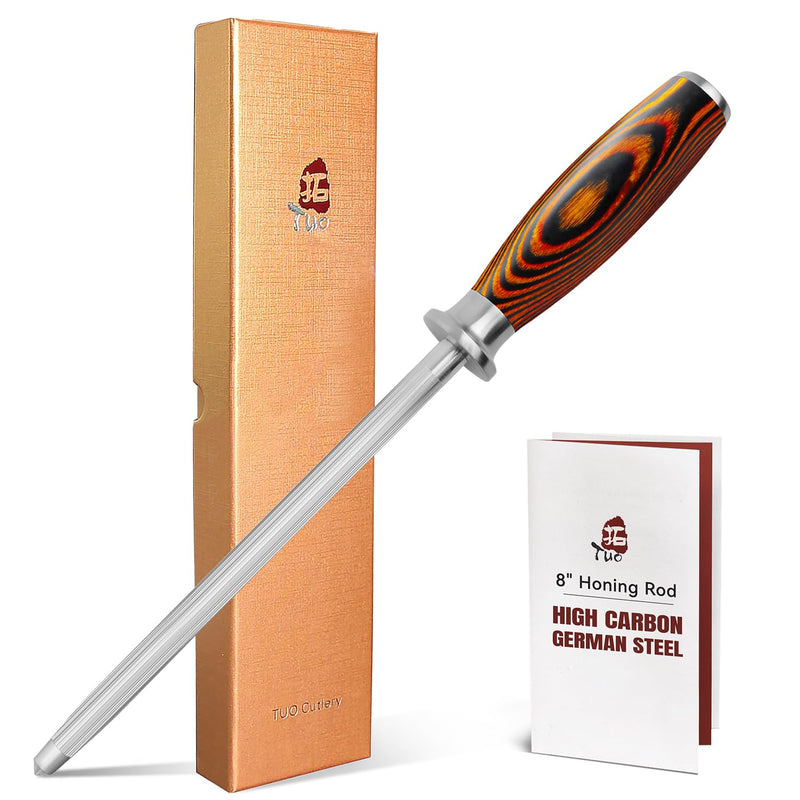 TUO Honing Steel, Sharpener Rod with Thicker Steel Core for Kitchen Knives Daily Sharpening Maintenance, High Carbon Steel, Ergonomic Handle, 8 inch 8"