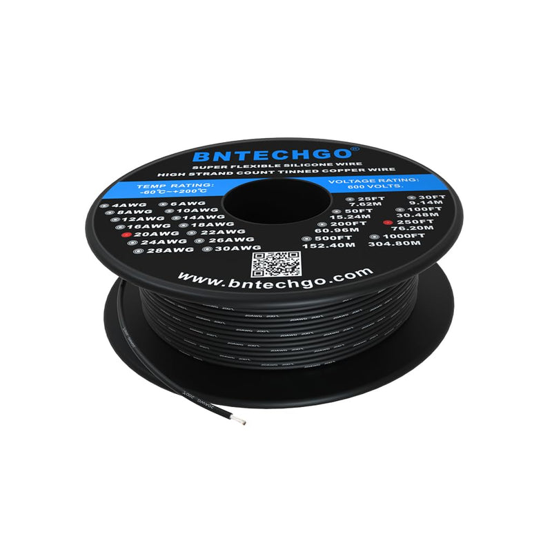 BNTECHGO 20 Gauge Silicone Wire Spool 250 ft Black Flexible 20 AWG Stranded Tinned Copper Wire silicone wire 250ft silicone wire black