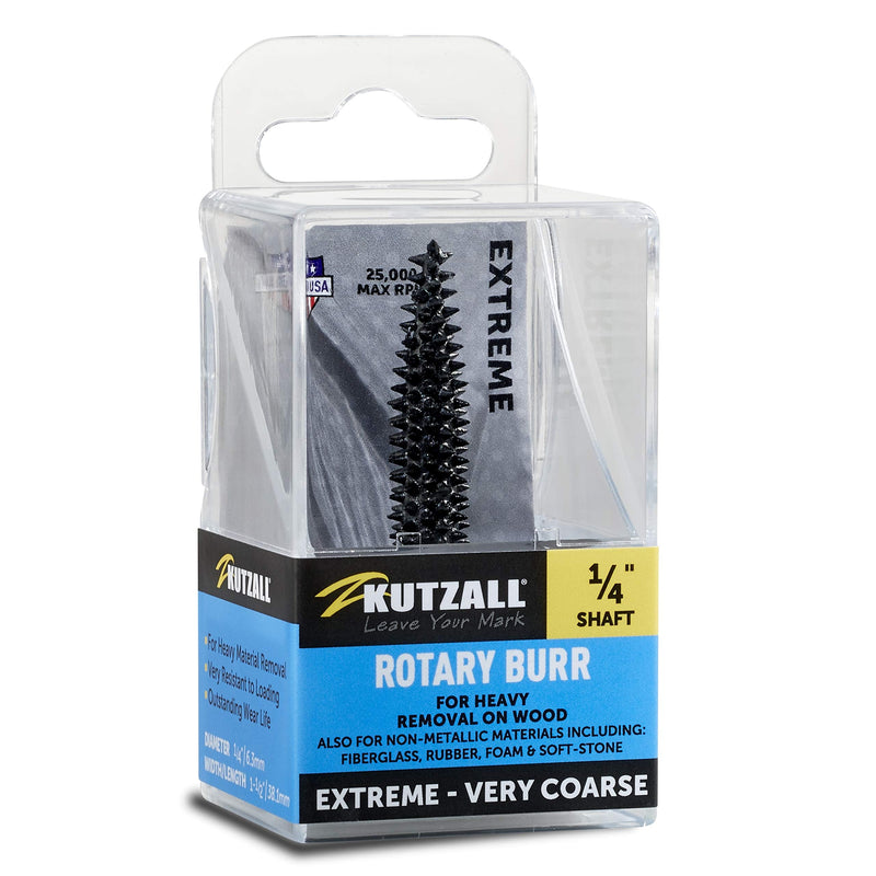 Kutzall Extreme Taper Rotary Burr, 1⁄4" Shaft, Very Coarse - Wood Carving Bit for Bosch, DeWalt, Milwaukee. Abrasive Tungsten Carbide, 1⁄4" (6.3mm) Dia. X 1-1⁄2" (38.1mm) Length, TX-14C Extreme - Very Coarse Head Diameter: 1⁄4", Head Length: 1-1⁄2"