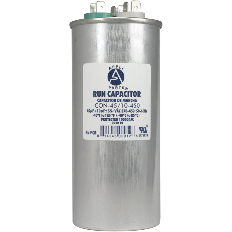 Appli Parts CON-45/10-450 Dual Run Capacitor for ac 45+10 Mfd uF (microfarads) 370VAC or 450VAC Round Universal fit for hvac and other applications 5-3/8 in High 2-1/8 in Wide