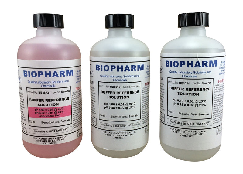 Biopharm pH Calibration Buffer 3-Pack, 250 mL (8.4 fl oz) Each: pH 4.00, pH 6.86, and pH 9.18; NIST Traceable Reference Standards for All pH Meters
