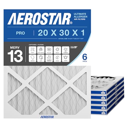 Aerostar Air Filter 20x30x1 MERV 13 AC Filter, HVAC, Furnace Filter, 6 Pack Pro MERV 13