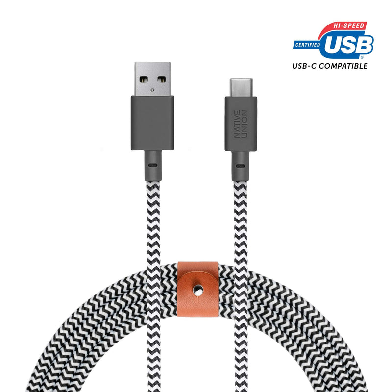 Native Union Belt Cable XL USB-A to USB-C - 10ft Ultra-Strong Charging Cable with Leather Strap for iPhone 17/17 Pro/17e, iPhone Air, Galaxy S26/S25, Z Fold 7/Flip 7, Pixel 10 Pro, iPad Pro (Zebra) Zebra