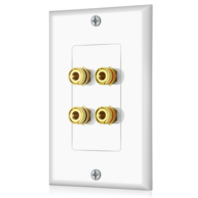 Banana Binding Post Two-Piece Coupler Inset Wall Plate for 2 Speakers Standard Single Gang WHITE