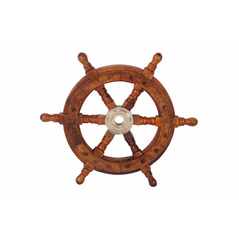 TUP THE URBAN PORT 12" Teak Wood Ship Wheel with Brass Inset and Six Spokes, Brown and Gold 12" Inch