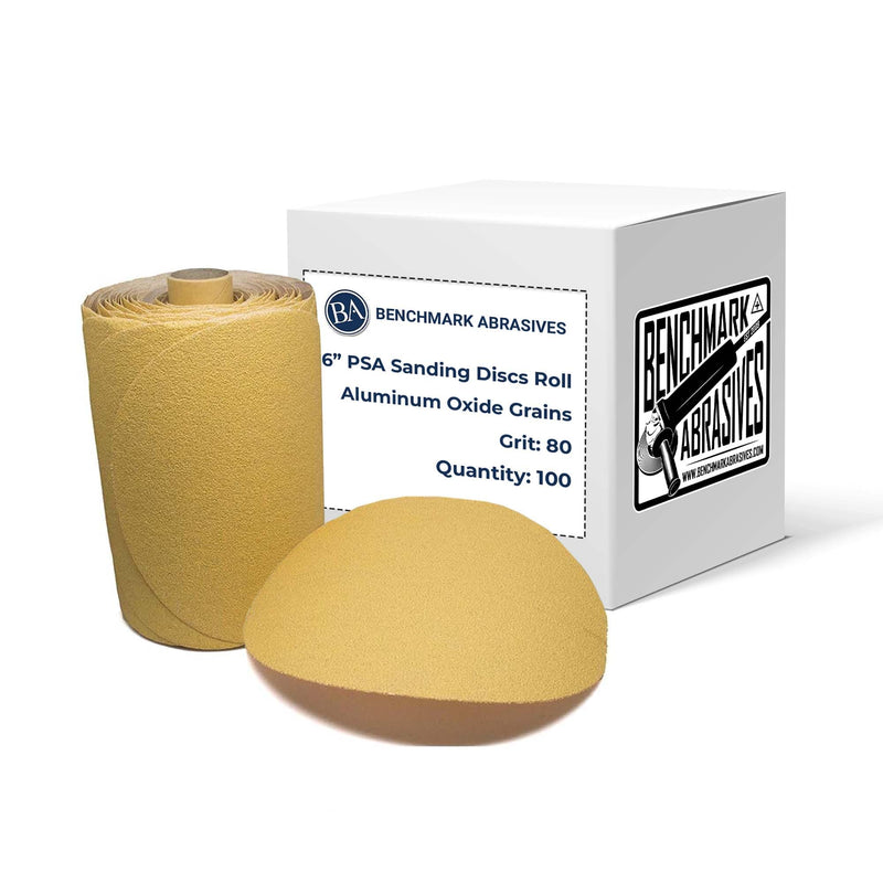 Benchmark Abrasives PSA Gold 6 Inch Self Adhesive Sanding Discs with Aluminum Oxide Grains Automotive DA Sandpaper - 6 Inch Sanding Discs Roll - Surface Blending Orbital Sanders (100 Discs), 80 Grit
