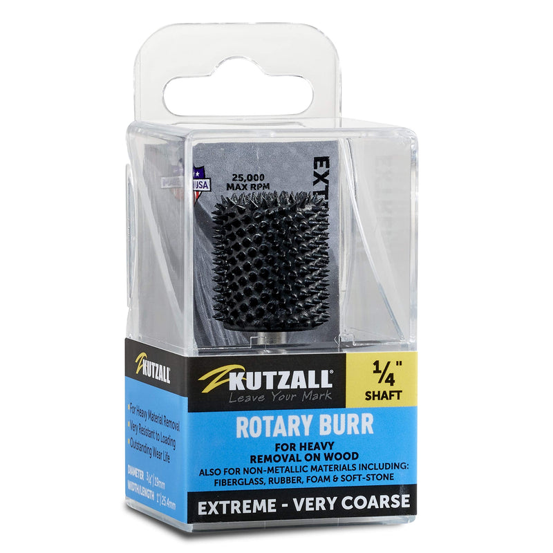Kutzall Extreme Cylinder Rotary Burr, 1⁄4" Shaft, Very Coarse - Wood Carving Bit for Bosch, DeWalt, Milwaukee. Abrasive Tungsten Carbide, 3⁄4" (19mm) Dia. X 1" (25.4mm) Length, CX-34C ‎Extreme - Very Coarse ‎Head Diameter: 3⁄4", Head Length: 1"